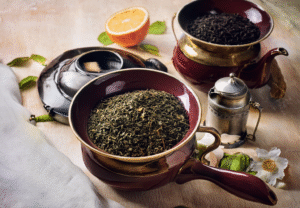 Infusion de thé avec liste de bienfaits naturels : antioxydants, digestion, énergie
